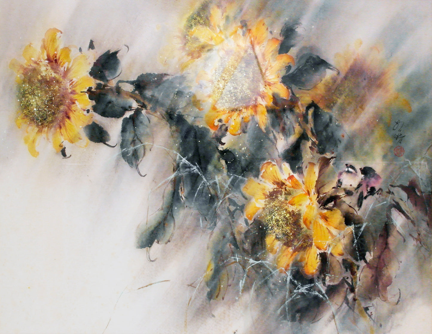 Sweet Chirpings - 2 Purple Birds among Sunflowers