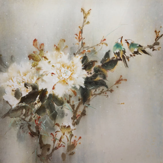 Sweet Chirpings - 2 Green Birds & White Flower