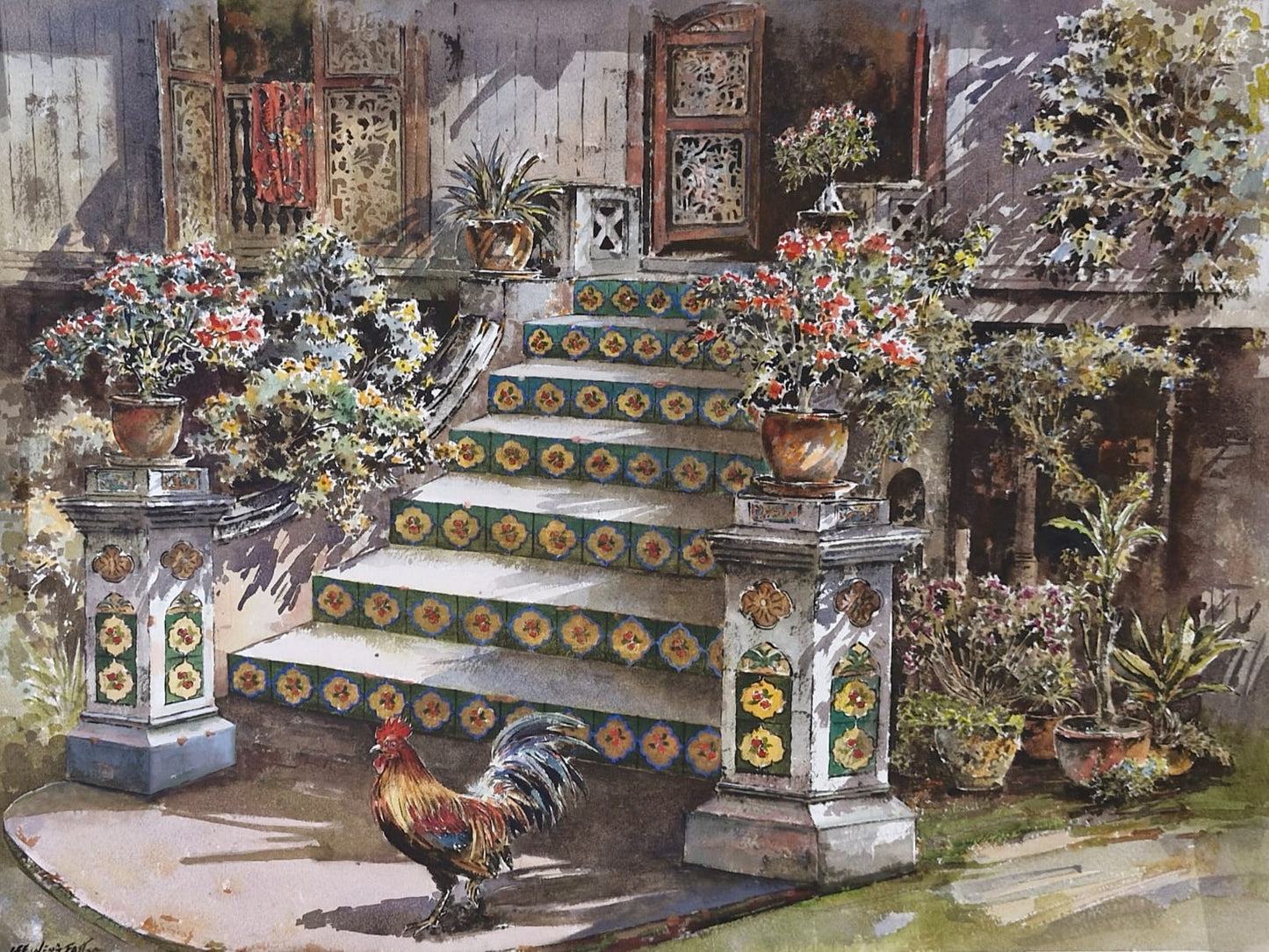 Awakening Courtyard: Rooster’s Call and Blossoms