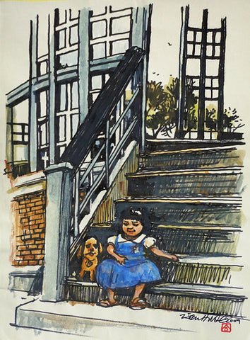 Girl with Puppy at Doorstep