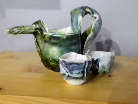 Handmade Teapot and 2 Tea Cups (Emerald & Turquoise Tone)