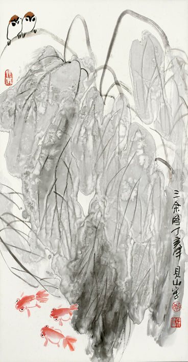 Goldfishes, Sparrows & Lotus Leaves